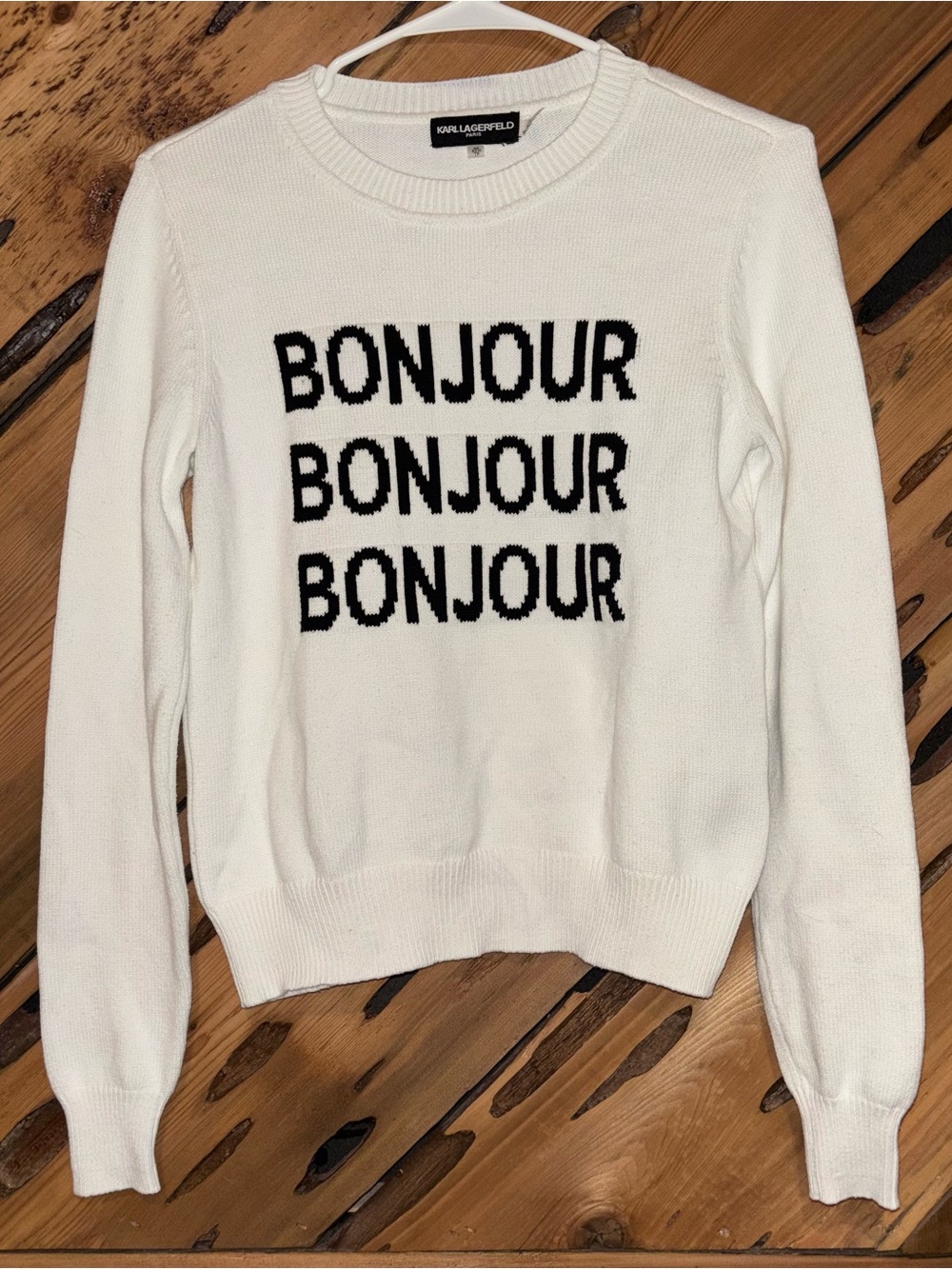 Karl Lagerfeld White Crewneck Sweater with Black 'BONJOUR' Text